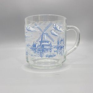 VTG Lumincarc Glass Coffee Mug Dutch Windmill Sailboat Blue White